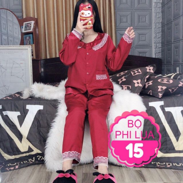 Đồ bộ pijama phi lụa quần dài tay dài viền ren size dưới 60kg