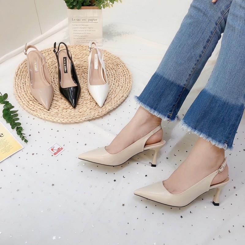 SANDAL SLINGBACK NỮ GÓT 7P MŨI NHỌN ALEX SARAH CHẤT DA LÌ PHỦ NANO BÓNG CỰC ÊM