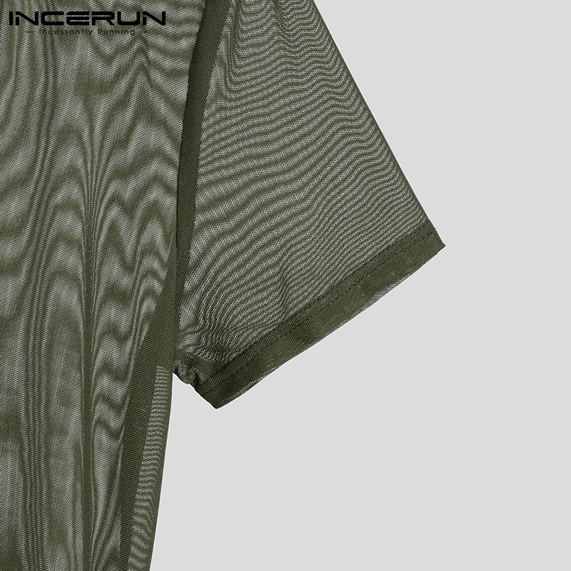 Áo sơ mi INCERUN tay ngắn cổ bẻ phối nút thiết kế xuyên thấu thời trang cho nam
