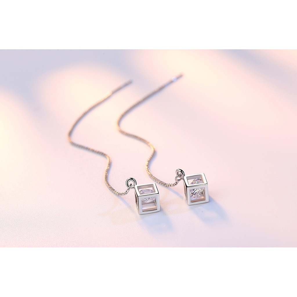 AIFEI♥ Silver 925 Original Box Ear Chain Korean Tassel Diamond Cube Long Earrings Fashion Simple Ear Line Ear Rings Lot-S1