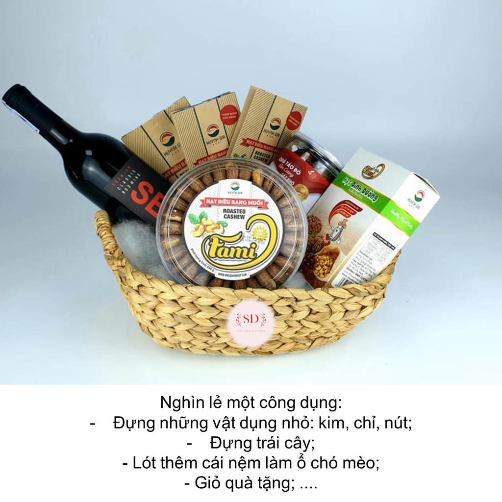 Khay đựng đồ đa năng , cắm hoa đan lục bình Smile Decor hình thuyền, có quai cầm - Water hyacinth basket mini size