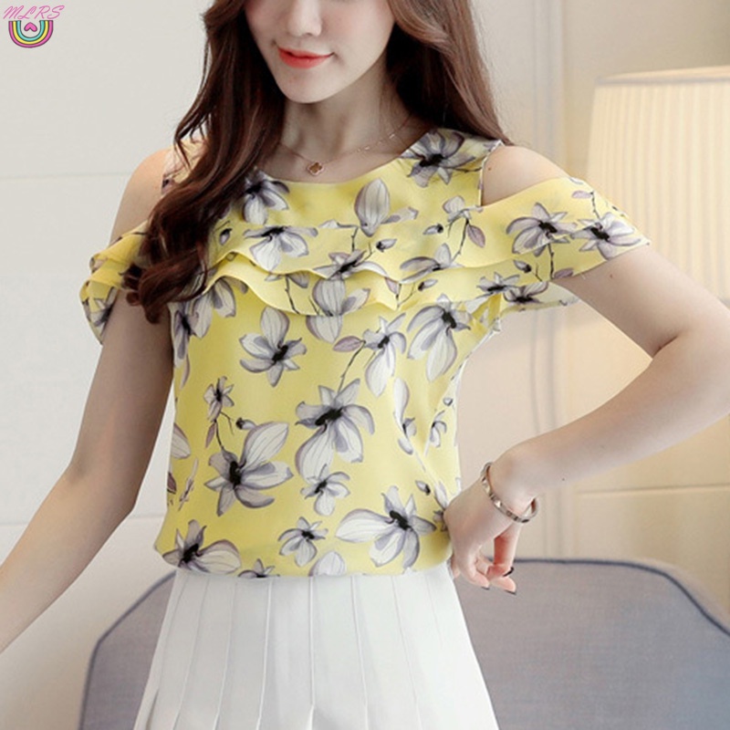 Áo Chiffon Nữ Tay Ngắn Hở Vai In Hoa