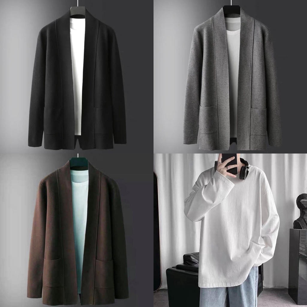 Áo cardigan nam basic chất nỉ cotton cao cấp, màu trơn kiểu dáng Hàn Quốc (có kèm áo thun trắng bên trong)