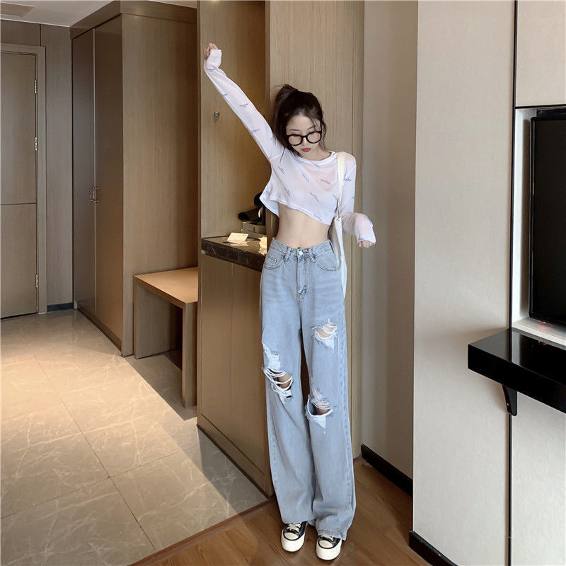 Quần dài jeans lưng cao ống rộng rách gối thời trang dành cho nữ