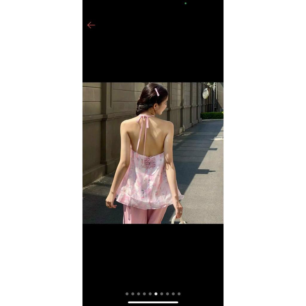 Set bộ nữ chất voan in họa tiết xinh xắn áo cổ yếm xòe hở lưng quyến rũ kèm quần suông dài siêu xinh