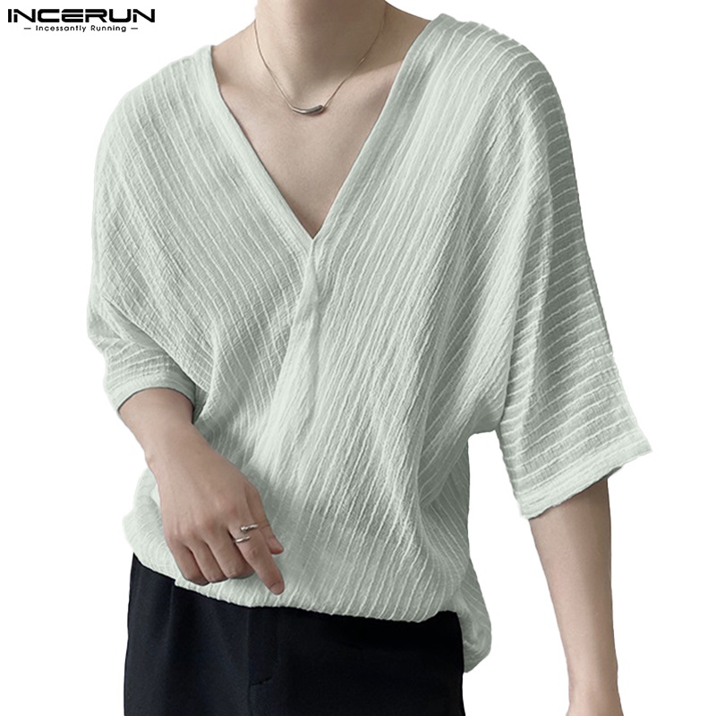 Áo thun INCERUN tay ngắn cổ chữ V in kẻ sọc phong cách mùa hè cho nam