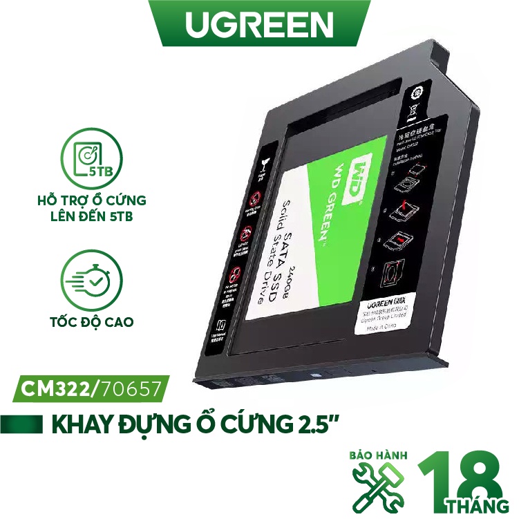 Khay đựng ổ cứng 2.5&quot; cho Laptop có ổ CD mỏng 9.5mm UGREEN 70657 cao cấp