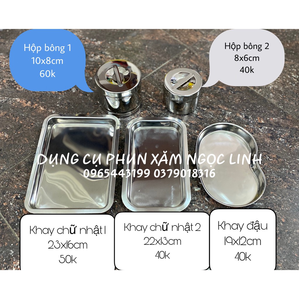 bộ đồ inox: khay đậu, khay chữ nhật, hộp đựng bông, hộp chữ nhật, panh..