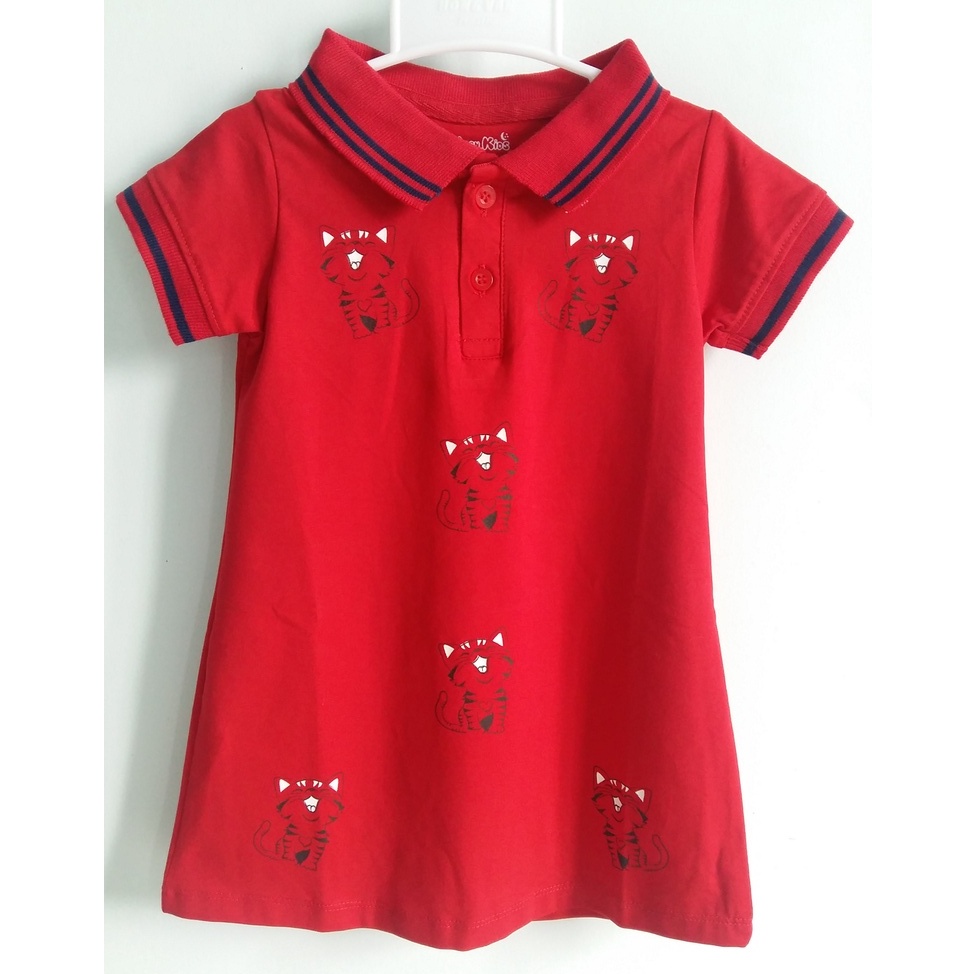 Đầm thun polo đỏ cho bé gái in hình mèo con
