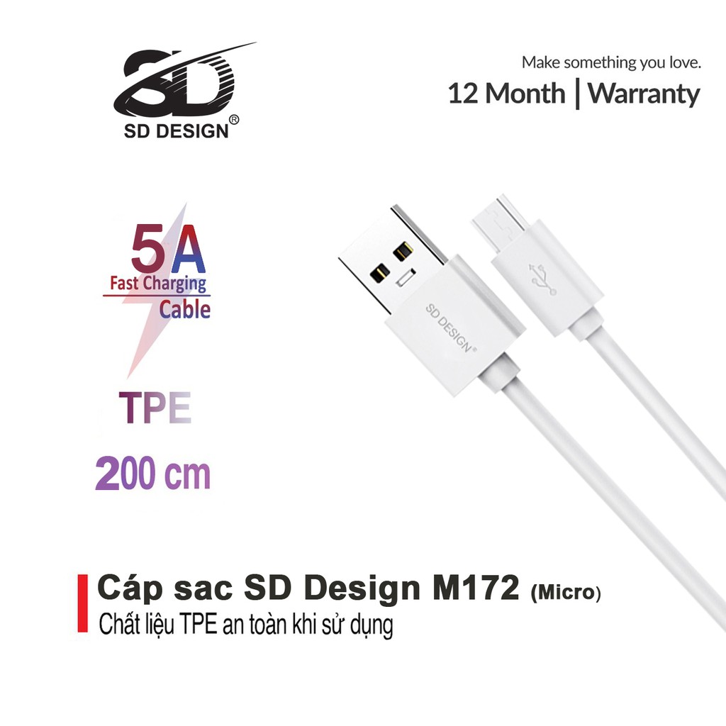 Cáp sạc SD DESIGN M172 chính hãng chân sạc Micro sử dụng cho Samsung,oppo,.. bảo hành 1 đổi 1