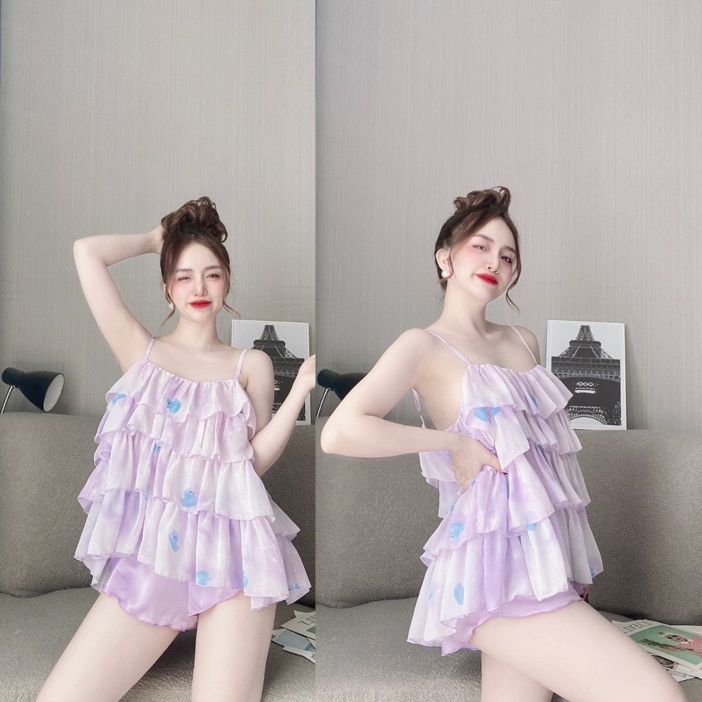 Bộ đồ ngủ nữ sexy 2 dây TUTA bộ ngủ lụa satin phối chiffon cao cấp - MK02