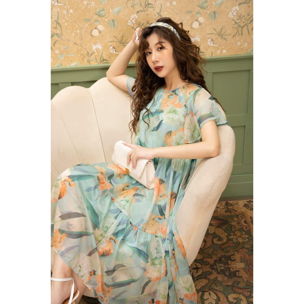 Váy bầu ngắn tay thời trang thiết kế M484 vải lụa tơ hai lớp Mom and Baby