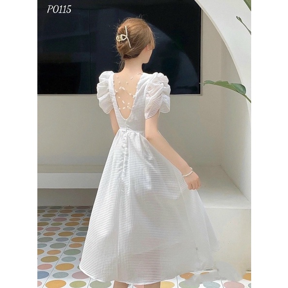 Váy trắng tiểu thư tay phồng hở lưng kết hạt sang trọng