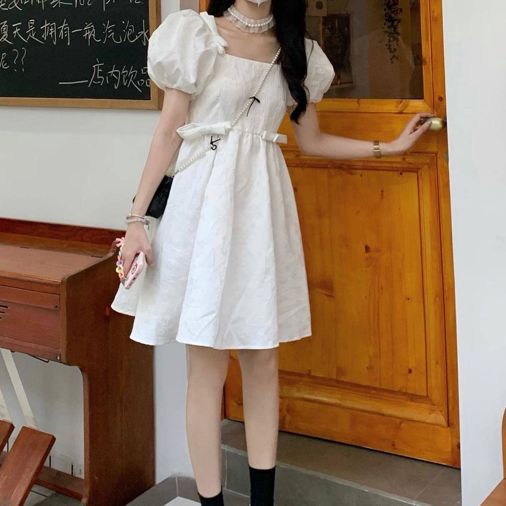 Váy babydoll đầm babydoll Đầm Cổ Vuông Eo Cao Đính Nơ Phong Cách Hàn Quốc Ngọt Ngào Thời Trang Mùa Hè Dành Cho Nữ