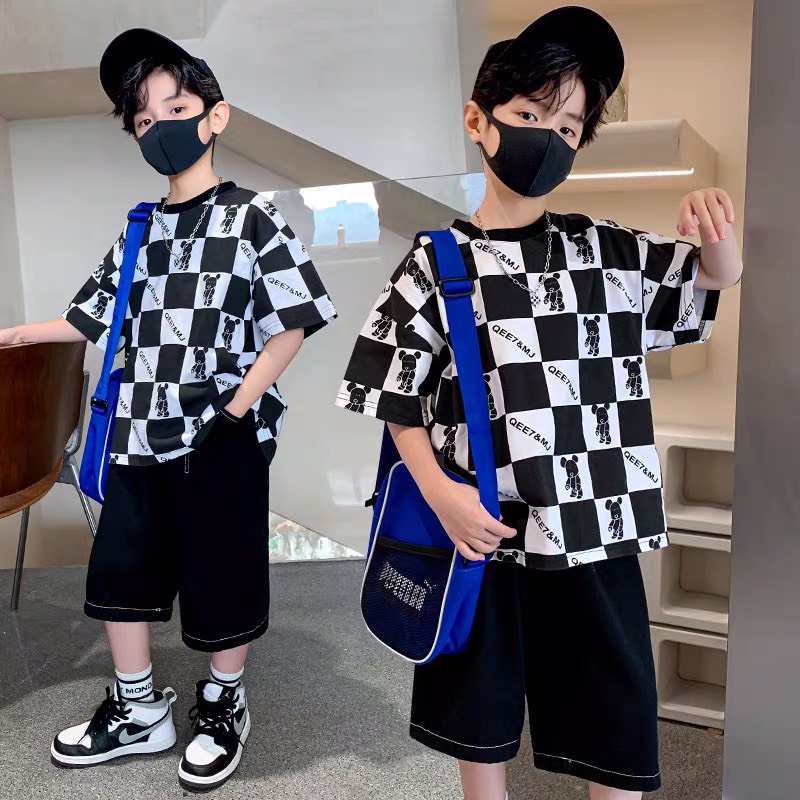 Đồ bộ bé trai Con Xinh cotton hình in Gấu ô vuông, quần áo dành cho trẻ em từ 14 đến 50kg