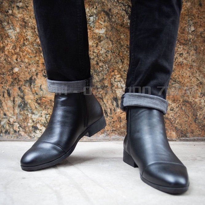 Giày Chelsea Boots Nam Da Chống Nhăn Đế Tăng Chiều Cao 5cm Đen Nhám Cổ Khoá Zip Đức Linh GDA042