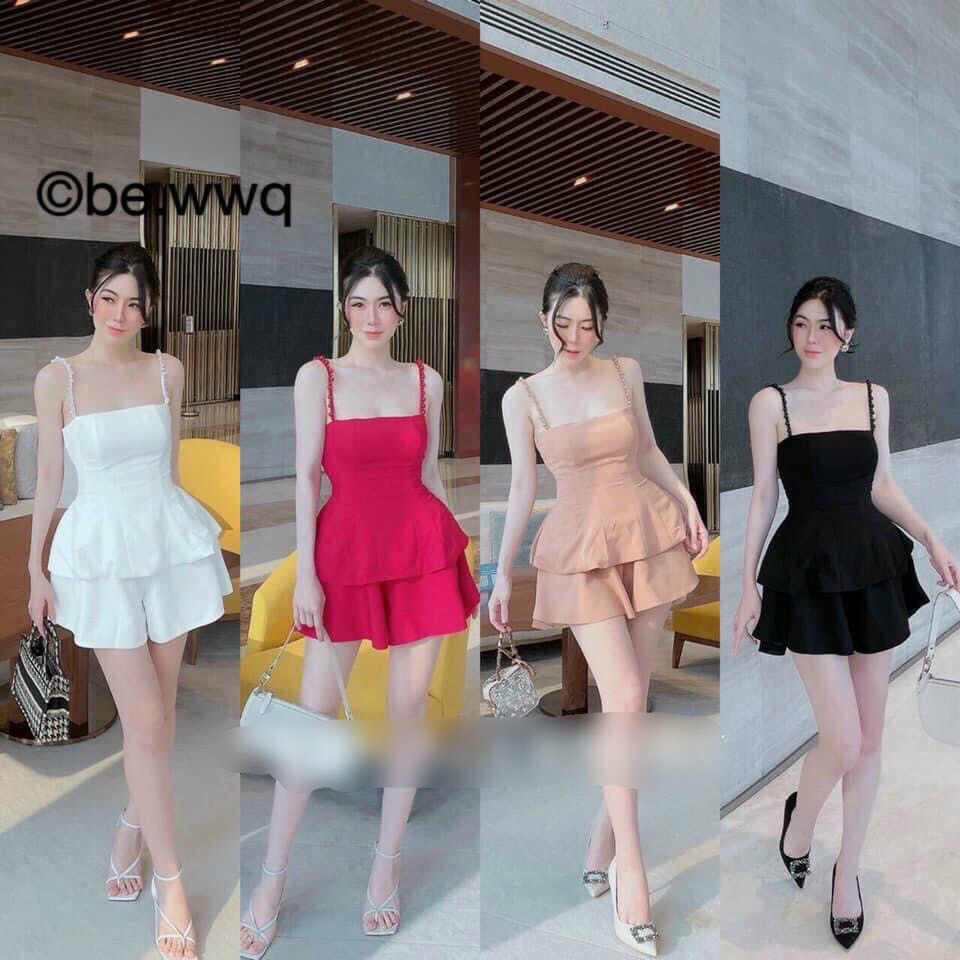 sét áo hai dây có nút ngọc xẻ tà  phối quần đùi ống rộng siêu dễ thương m46