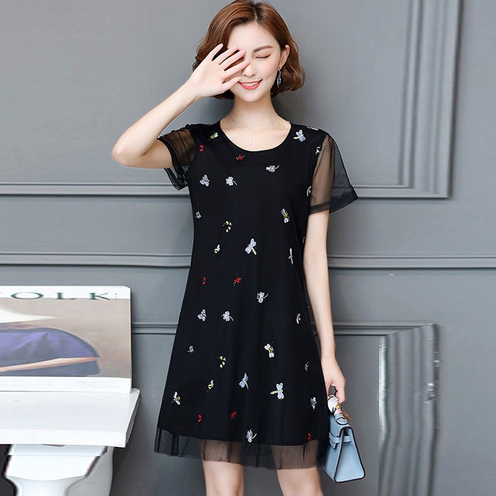 (PE020)Đầm dáng suông phối lưới cổ tròn tay ngắn họa tiết lạ