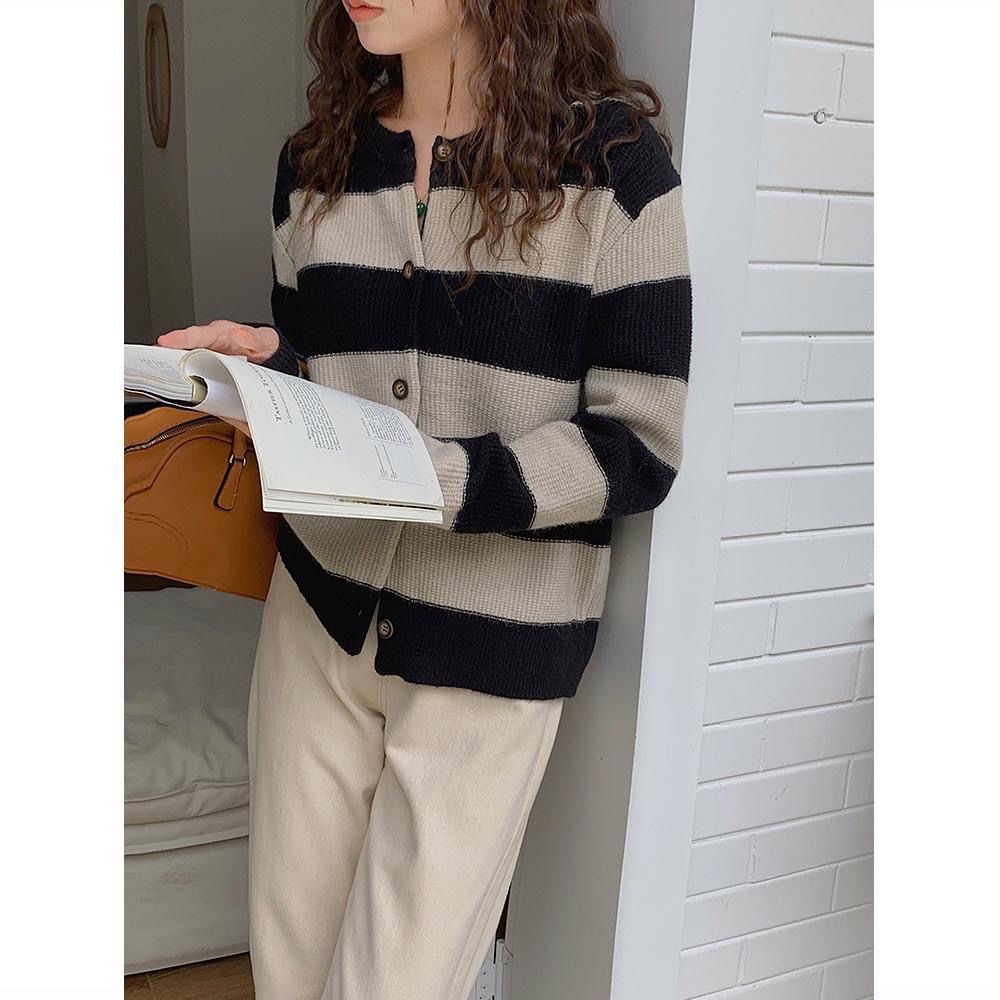 Áo cardigan Dệt Kim Ngắn Tay Cổ Tròn Họa Tiết Kẻ Sọc Trắng Đen Đơn Giản Phong Cách Hàn Quốc Dễ Phối Đồ