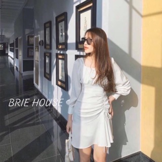 Đầm cổ vuông nhún ngực tay dài