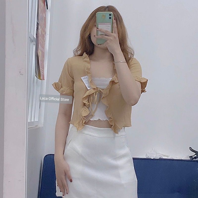 Áo Croptop Ngắn Tay Kiểu Gân Bèo Cột Nơ Trước UlzzangTuyết's House A30-1