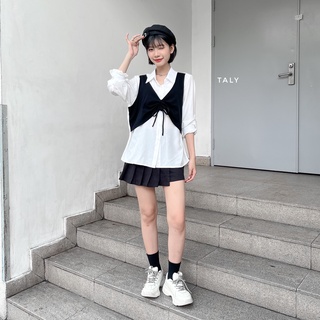 Set áo sơ mi liền ghile rút taly s21023