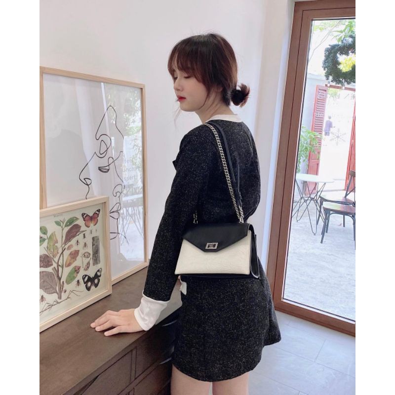 Set dạ mùa thu đông dạ gồm áo khoác len tiêu và chân váy phối trắng ullzang