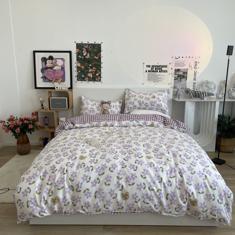 Bộ Drap & Chăn Phao Cotton Poly Lá Me Tím