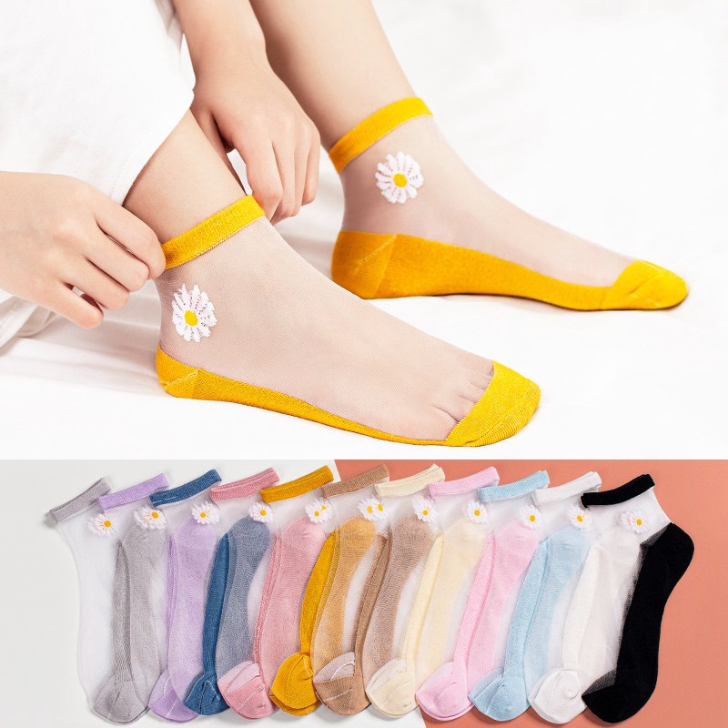 Set 10 Đôi Vớ Trong Suốt Siêu Mỏng Họa Tiết Hoa Cúc Phong Cách Hàn Quốc Cho Nữ