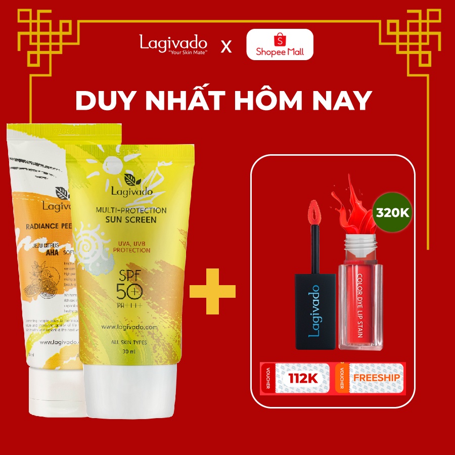 Bộ chăm sóc da mặt Hàn Quốc Lagivado Kem chống nắng 30 g và tẩy tế bào da chết 50 ml