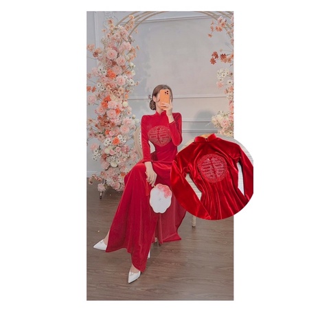 ÁO DÀI NHUNG ĐỎ THÊU CHỮ HỶ PHA LÊ THIẾT KẾ CAO CẤP