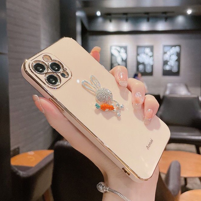 Ốp Điện Thoại TPU Dẻo Viền Vuông Kim Cương In Hình Thỏ Hoạt Hình Cho iPhone 13 12 11 Pro Max iPhone X XR XS Max 7 8 6 6s Plus