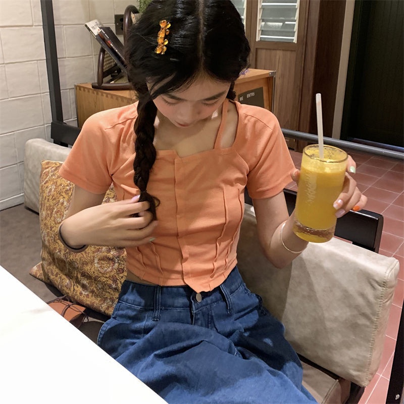 Áo Thun Cotton Tay Ngắn Cổ Vuông Ôm Dáng Thời Trang Dành Cho Nữ