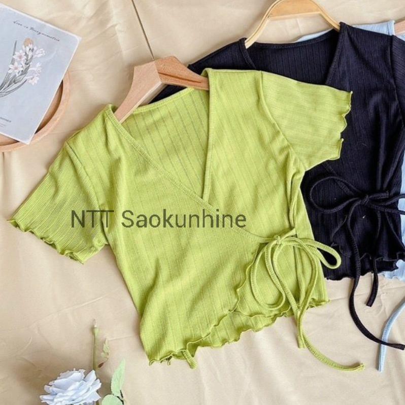 Áo Croptop Hai Vạt Đắp Chéo Ngực Cột Dây Ngắn Tay