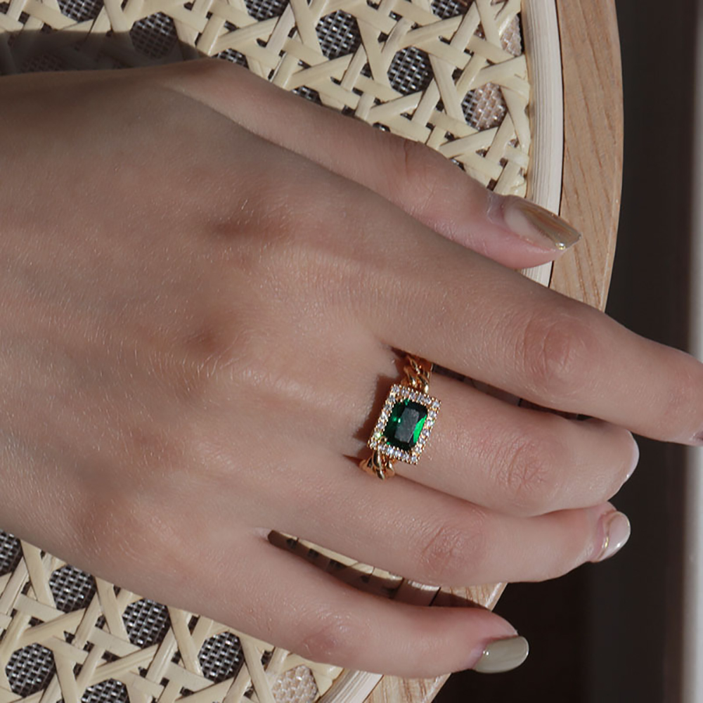 Nhẫn Mạ Bạc Đính Đá Lục Bảo Giả Thời Trang Cho Nữ