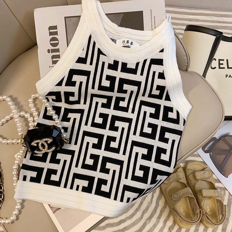 Áo Dệt Kim Sát Nách Cổ Tròn Họa Tiết Hình Học Gợi Cảm Thời Trang Xuân Hè Mới