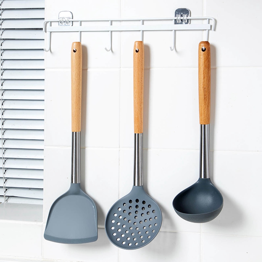 JUJIAJIA nấu ăn bằng silicon tay cầm gỗ dài chống dính tiện dụng nhà bếp