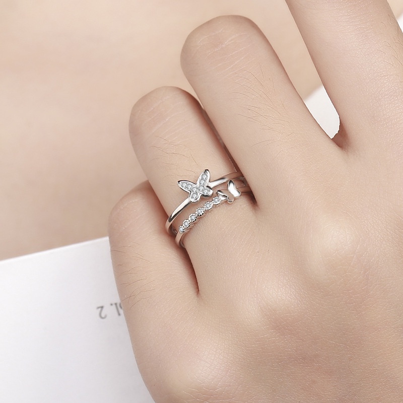 Nhẫn hở mạ bạc hình bướm đính đá zircon có thể điều chỉnh kích thước thời trang