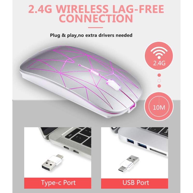 Chuột không dây Không Gây Tiếng Ồn Có Cổng USB & Type C 2 Trong 1 Màu RGB