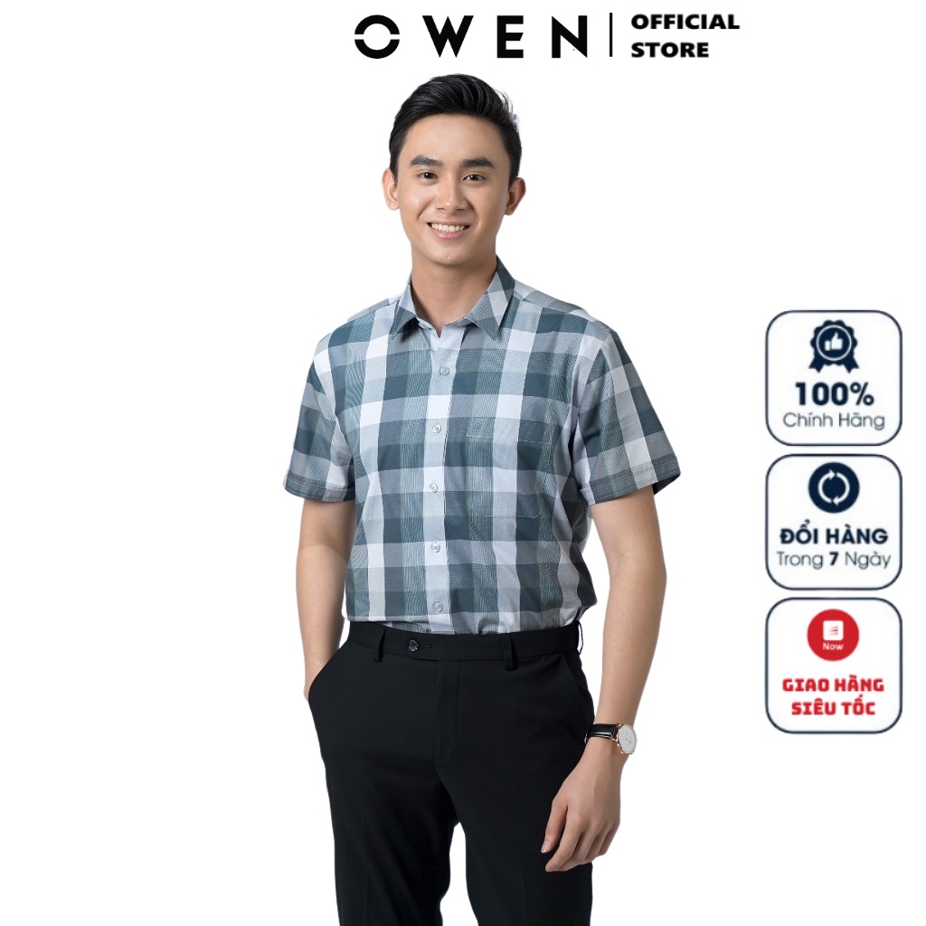 Áo Sơ Mi Nam Ngắn Tay OWEN BA220409NT Somi Công Sở Cao Cấp Màu Xanh Bạc Hà Kẻ Ô Vải Bạc Hà Dáng Suông Tà Bằng Có Túi