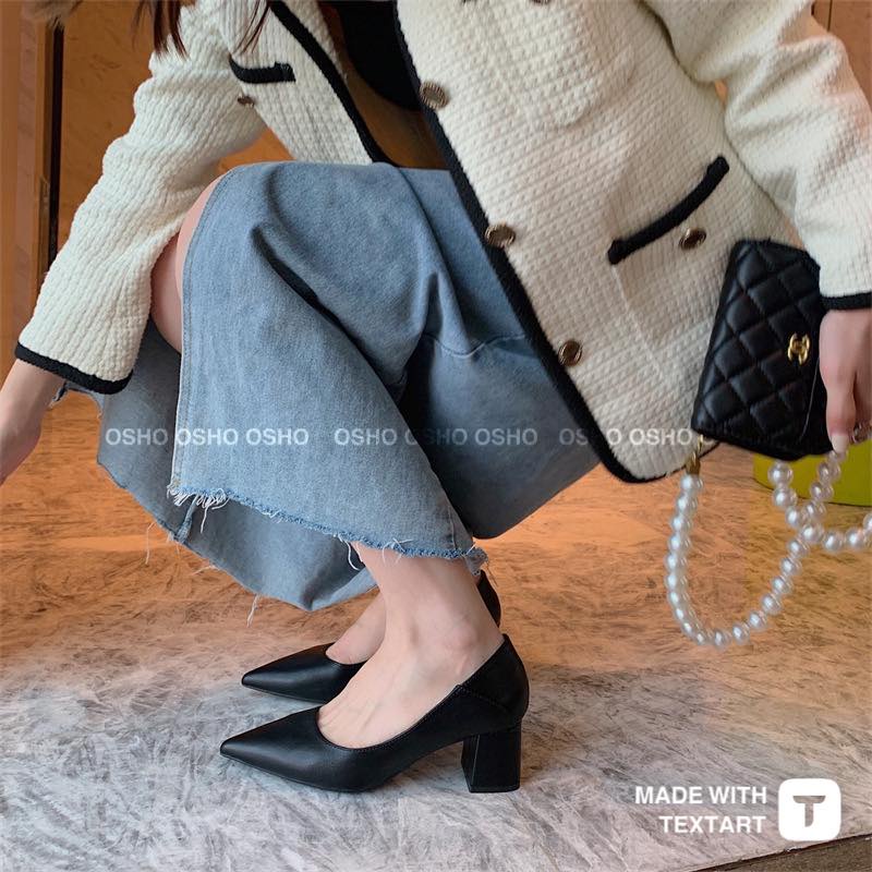 Giày cao gót nữ đế vuông cao cấp 5 phân OSHO, thiết kế mũi nhọn, chất da mềm phom basic sang trọng