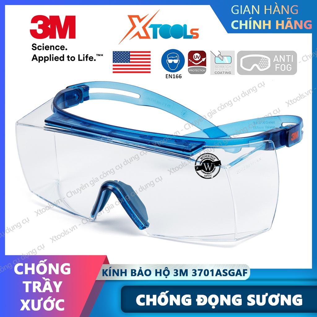 Kính bảo hộ 3M SF3701ASGAF-BLU kính Super OTG đeo ngoài kính cận, chống trượt, chống hơi nước, trầy xước, chống tia UV