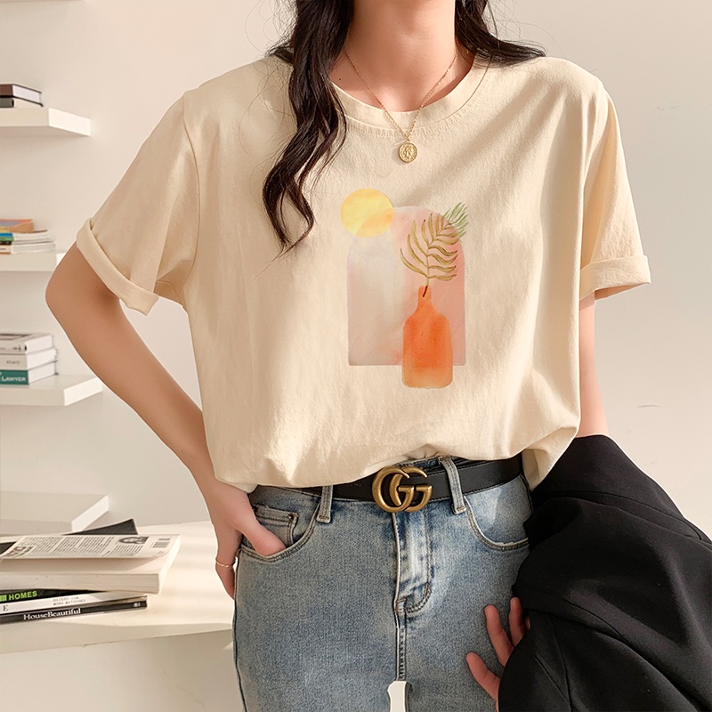 Áo Thun Tay Ngắn Cổ Tròn Trễ Vai In Họa Tiết Thời Trang Mùa Hè Dành Cho Nữ 52746