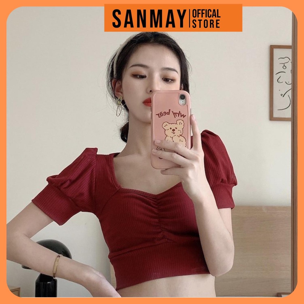 Áo Croptop Nữ Tay Ngắn Ôm Body SANMAY Áo Thun Croptop Tay Phồng Cổ Vuông Đẹp, Kiểu Ulzzang Sexy 5 Màu Đen Trắng AO012