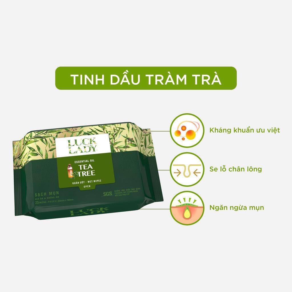 Khăn ướt ngừa mụn, mềm mịn da Luck Lady Tea Tree 25 tờ/gói