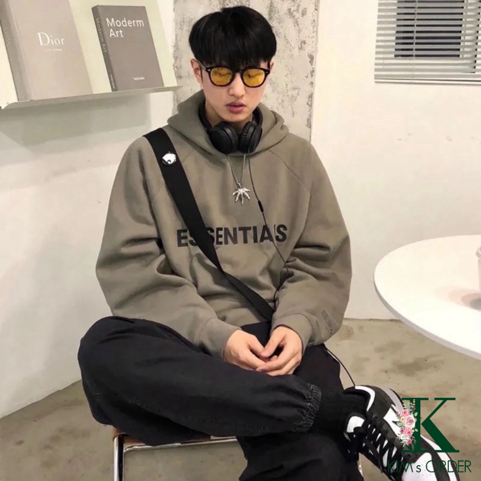 Áo hoodie Unisex chữ ESSENTIALS màu đen trắng be xám đậm chất nỉ bông có mũ dài tay phong cách Ulzzang form rộng LK1 | BigBuy360 - bigbuy360.vn