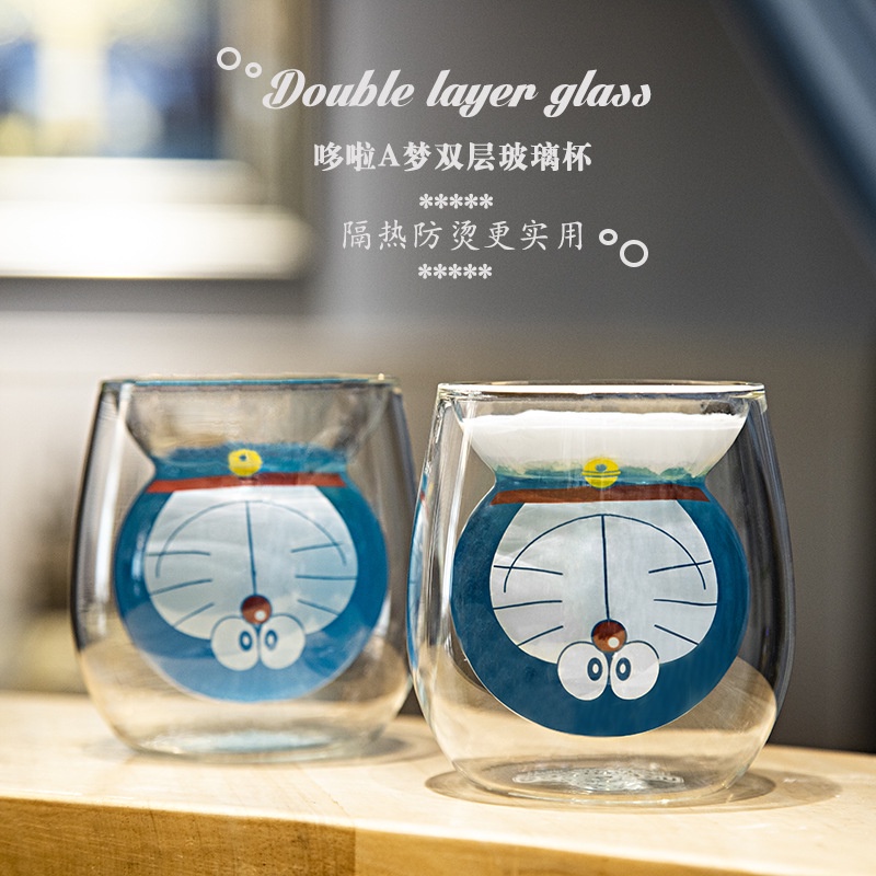 Bình Nước Thủy Tinh Hai Lớp Giữ Nhiệt In Hình Doraemon Dễ Thương Cho Bé