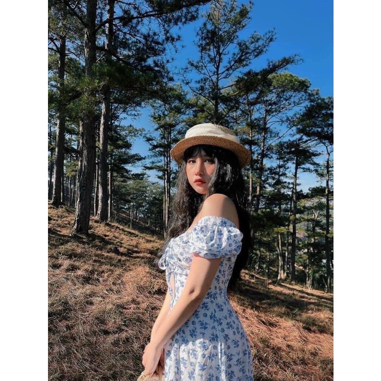 Đầm maxi hoa xanh xẻ tà tay phồng nhún ngực đi biển du lịch NÀNG CLOSET