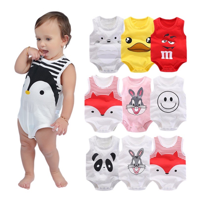 Bộ Áo Liền Quần Tam Giác Sát Nách Vải Cotton In Hoạt Hình Dễ Thương Cho Bé Từ 0-18 Tháng Tuổi