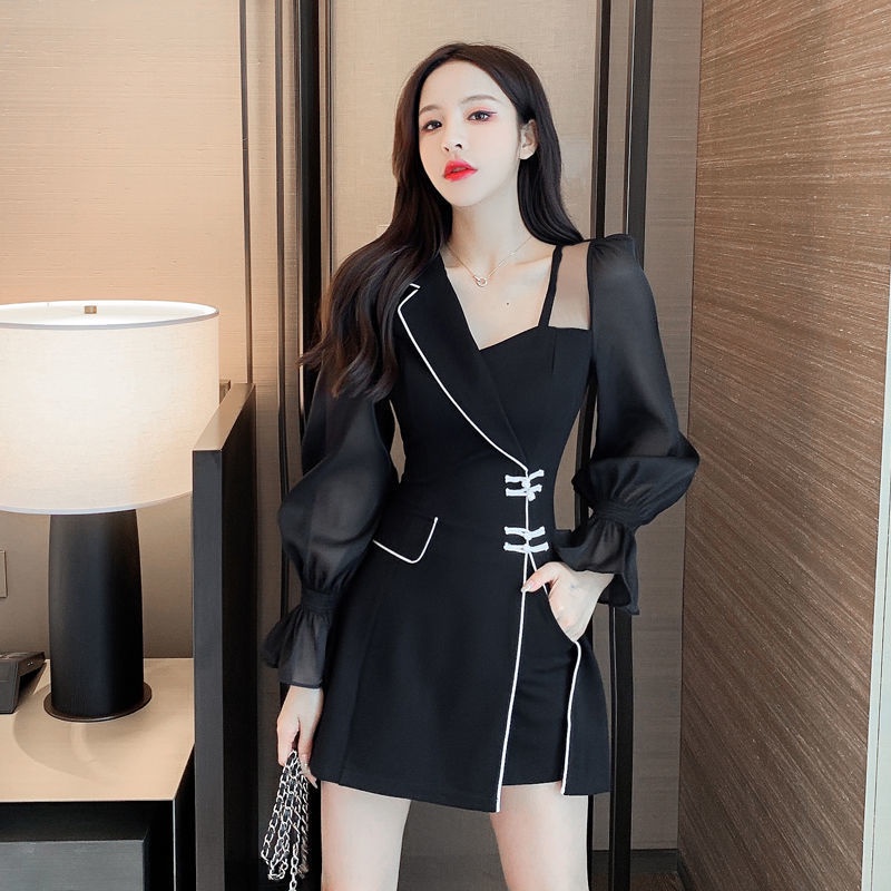 Set áo tay phồng gài nút + quần short phong cách vintage thời trang mùa thu sành điệu cho nữ